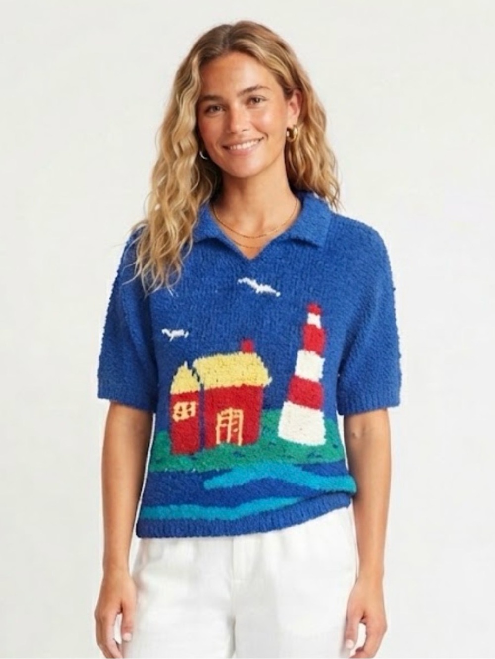 Vintage Nautical Lighthouse Cottage Textured Knit Sweater Blue Coastal Granma